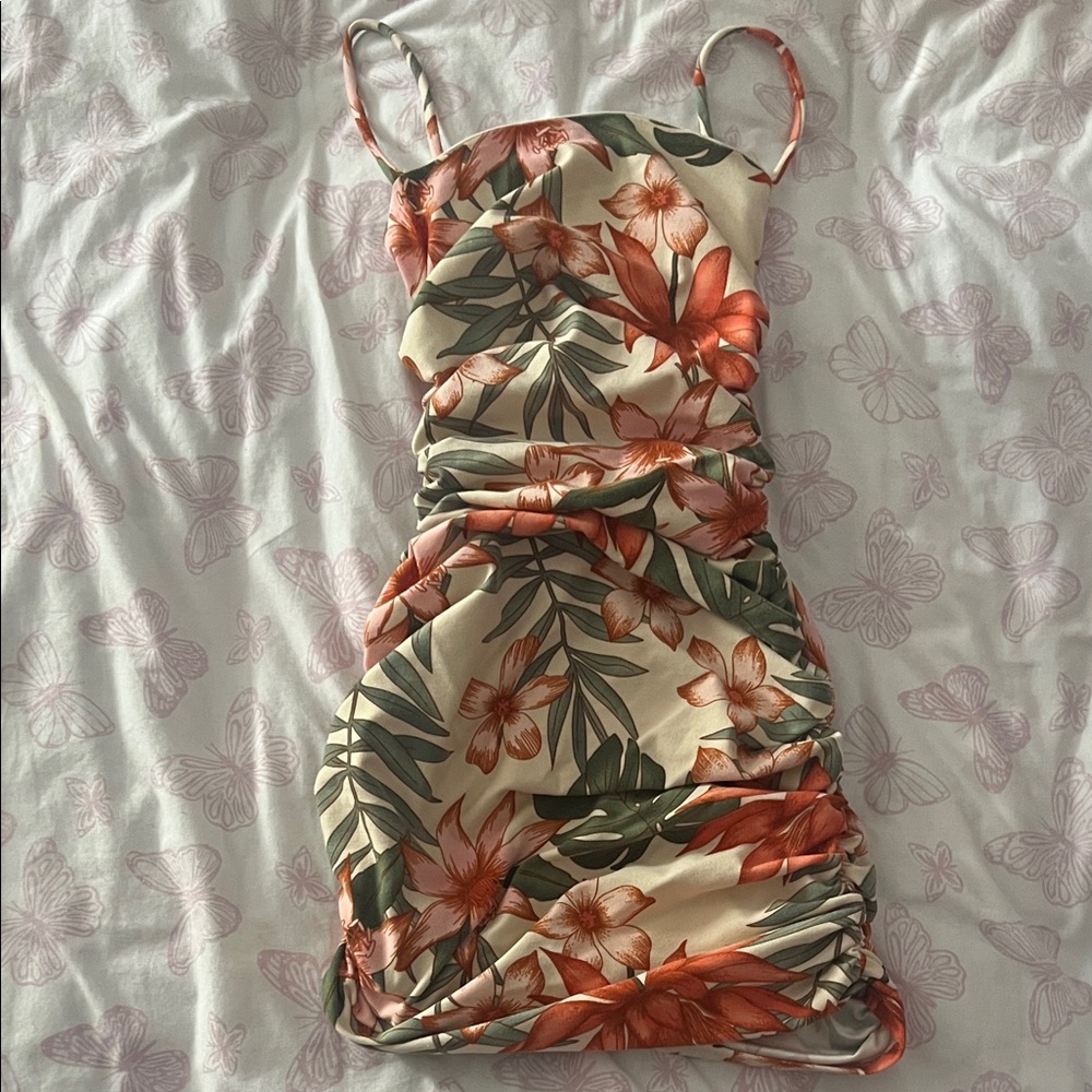 Windsor Tropical Floral Mini Dress in Cream and Orange